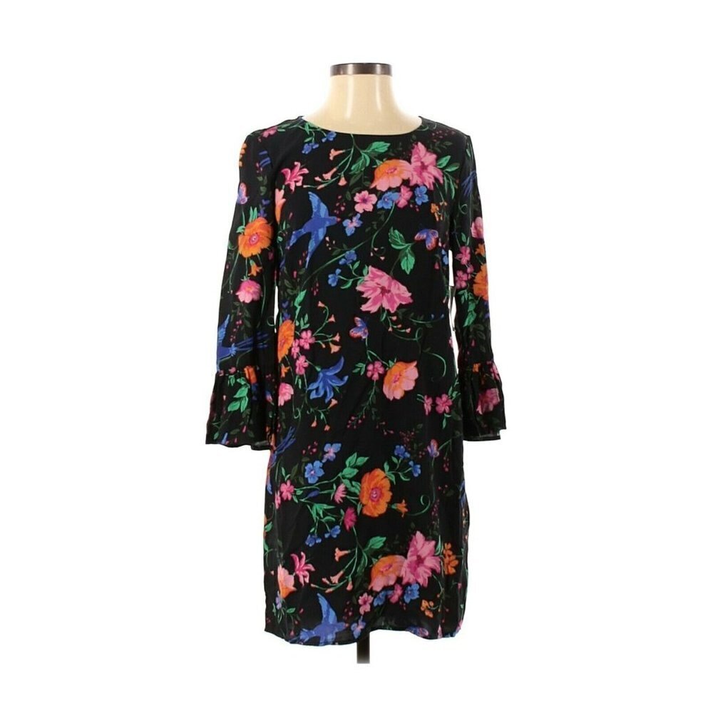Old‎ Navy Womens Size XS Long Sleeve Woven Shift Dress Floral Bird Black Rayon